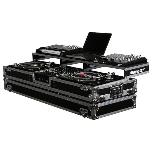 Odyssey FZGSPDJ12W Universal Format DJ Mixer and Two Standard Position Turntables Flight Coffin Case w/Full Glide Platform - 12″