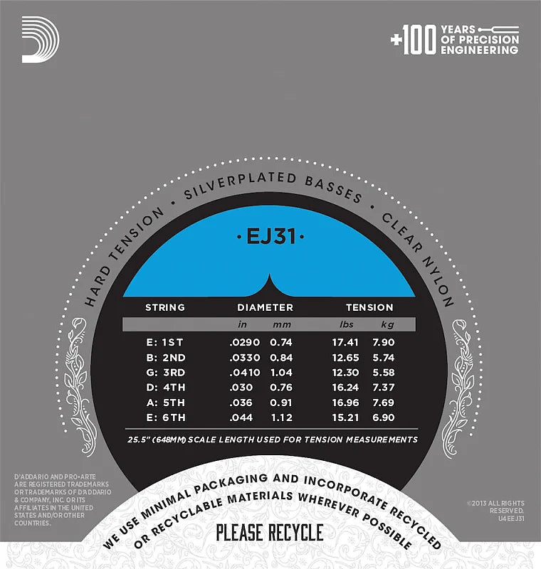 D'Addario EJ31 EJ Classic Rectified Nylon Guitar Strings Hard Tension