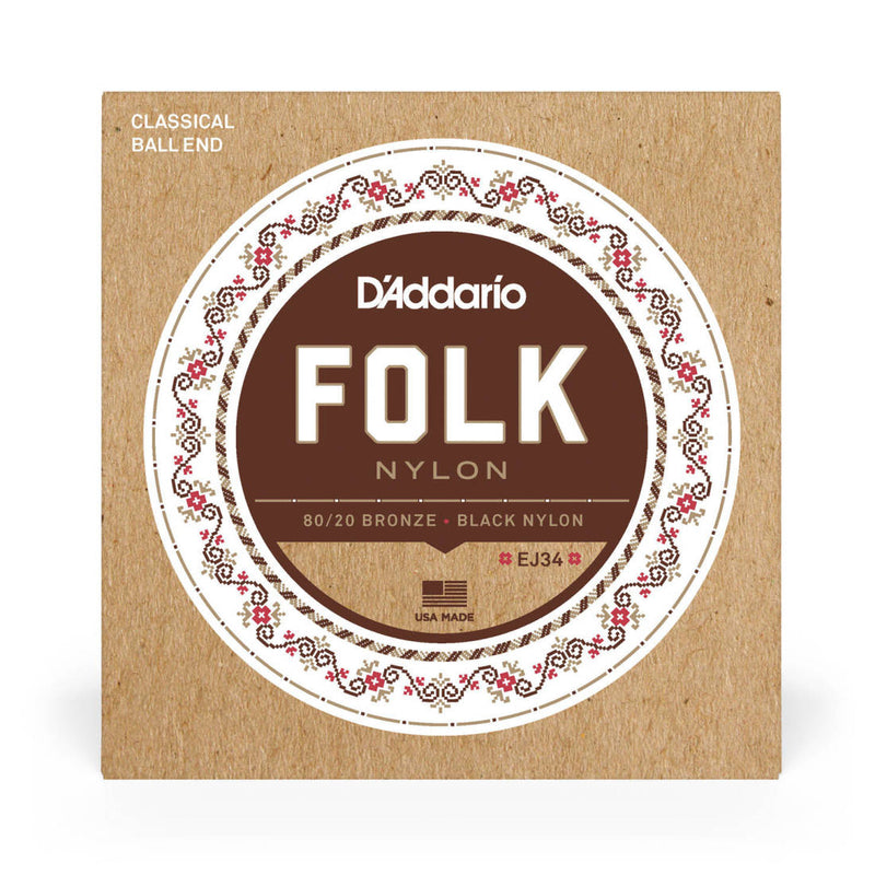 D'Addario EJ34 EJ Ball End Nylon Folk Guitar Strings, Normal Tension Black 80 20 Bronze
