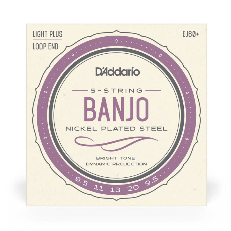 D'Addario EJ60+ Cordes de banjo à 5 cordes avec extrémité en boucle enroulée en nickel Light Plus 9,5-20