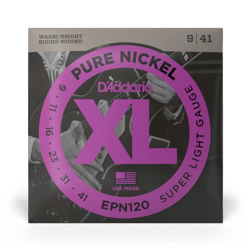D'Addario EPN120 EPN Cordes de guitare électrique à enroulement rond en nickel pur super légères 9-41