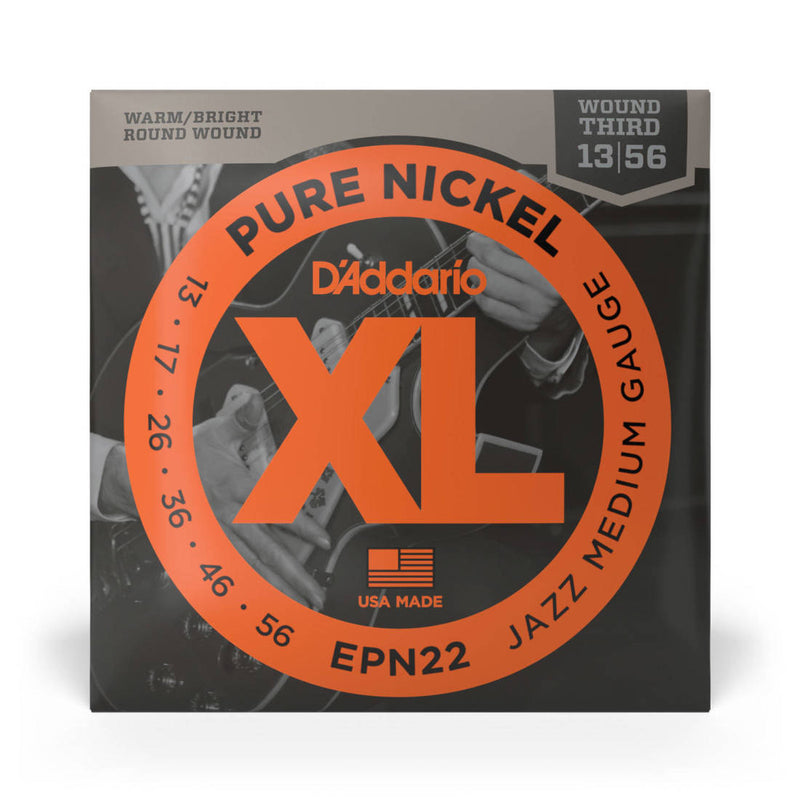 D'Addario EPN22 EPN Cordes de guitare électrique à enroulement rond en nickel pur Jazz Medium 13-56