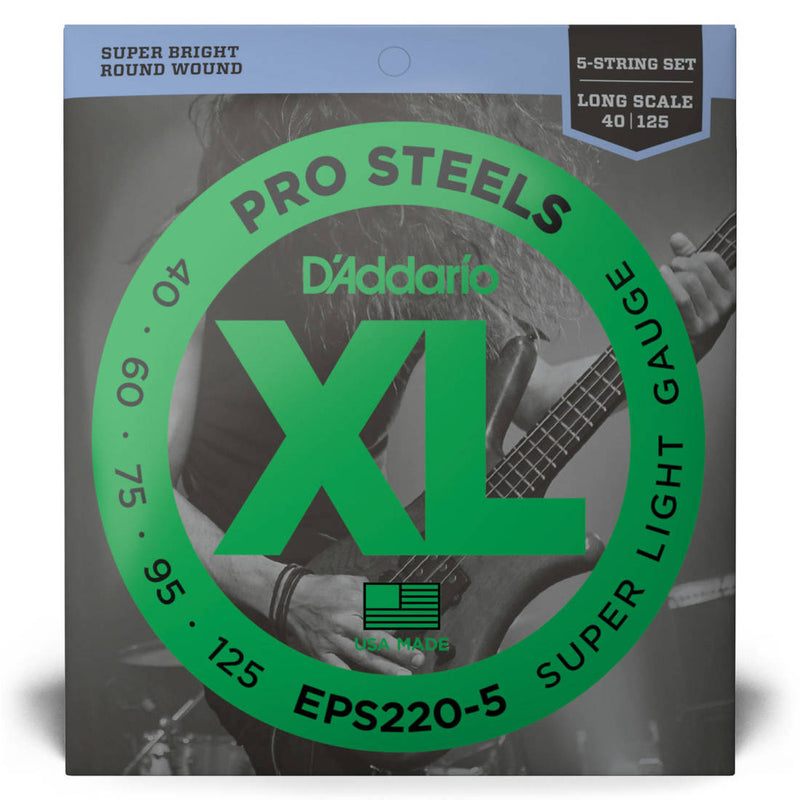 D'Addario EPS220-5 5-String ProSteels Bass Guitar Strings Super Light 40-125 Long Scale Standard