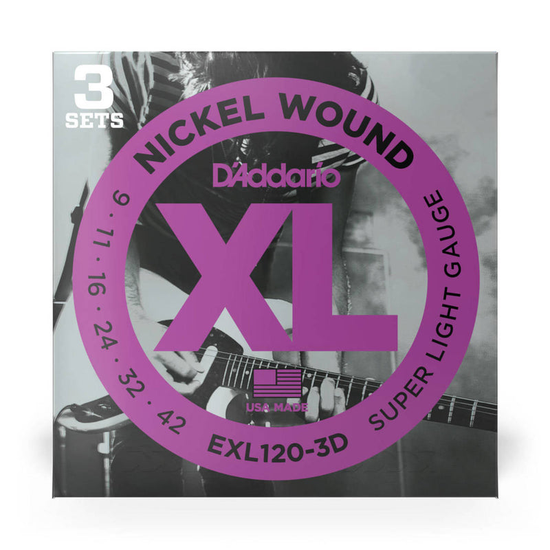 D'Addario EXL120-3D 3-Pack XL Nickel Wound Electric Guitar Strings Super Light 9-42