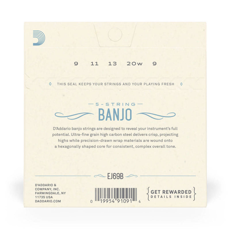 D'Addario EJ69b Phosphor Bronze Borjo à billes à 5 cordes, lumière, 9-20