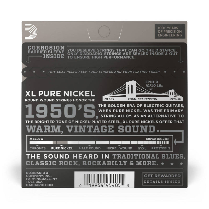 D'Addario EPN110 EPN cordes de guitare électrique à enroulement rond en Nickel pur léger 10-45