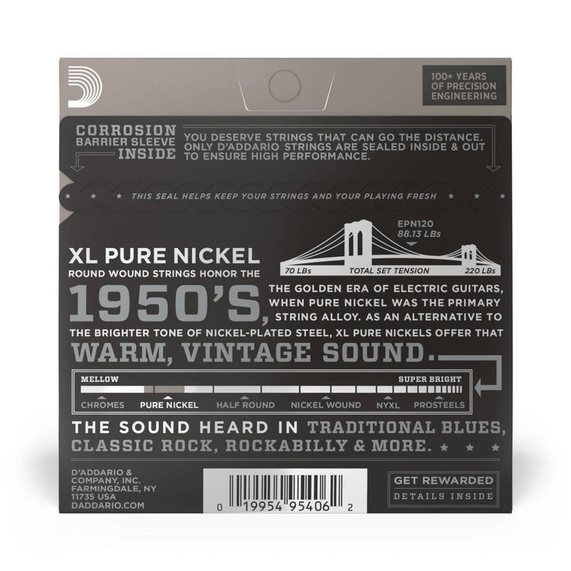 D'Addario EPN120 EPN Cordes de guitare électrique à enroulement rond en nickel pur super légères 9-41