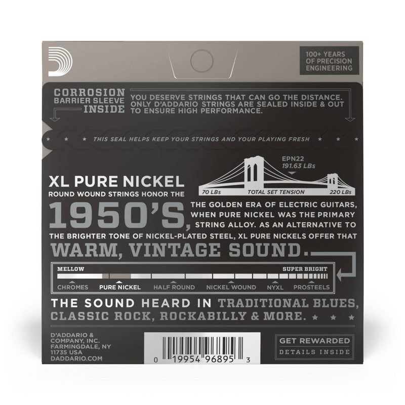 D'Addario EPN22 EPN Cordes de guitare électrique à enroulement rond en nickel pur Jazz Medium 13-56