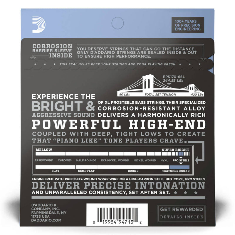 D'Addario EPS170-6SL 6 cordes Prosteels Bass Guitar Strings Light 30-130 Super Long Scale
