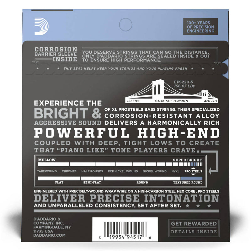 D'Addario EPS220-5 5-String ProSteels Bass Guitar Strings Super Light 40-125 Long Scale Standard