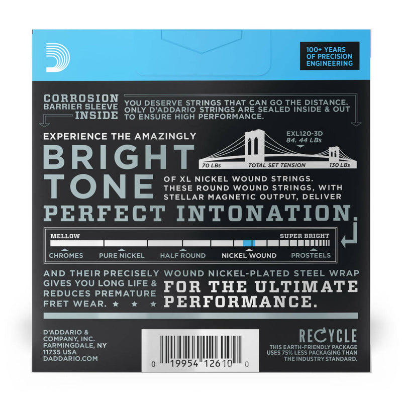 D'Addario EXL120-3D 3-Pack XL Nickel Wound Electric Guitar Strings Super Light 9-42