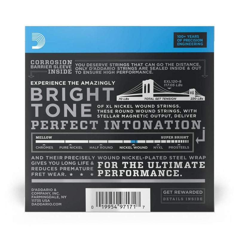 D'Addario EXL120-8 Nickel Wound 8-String Electric Guitar Strings Super Light 9-65