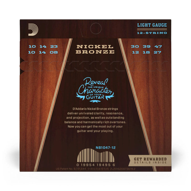 D'Addario NB1047-12 Cordes de guitare acoustique en bronze nickelé 12 cordes légères 10-47
