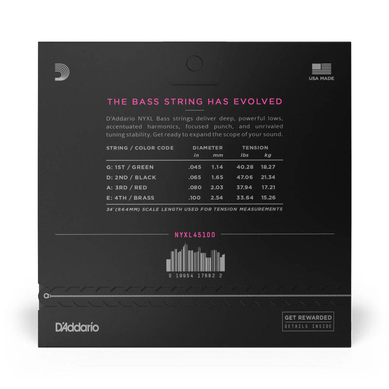 D'Addario NYXL45100 NYXL Bass String Set, Long Scale, Regular Light, 45-100