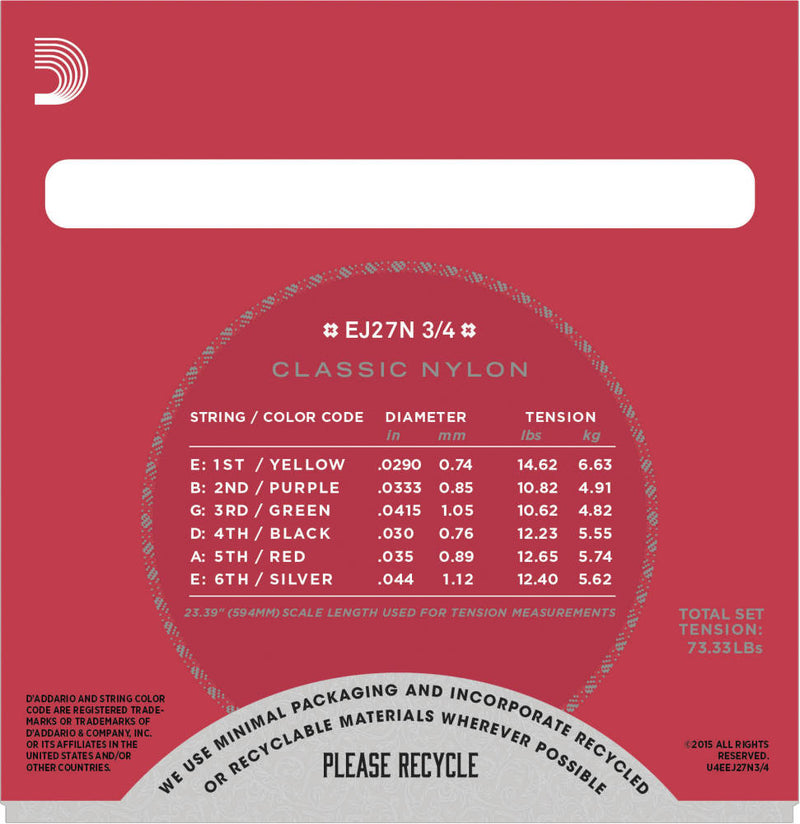 D'Addario EJ27N 3/4 Student Nylon Fractional Classical Guitar Strings Normal Tension