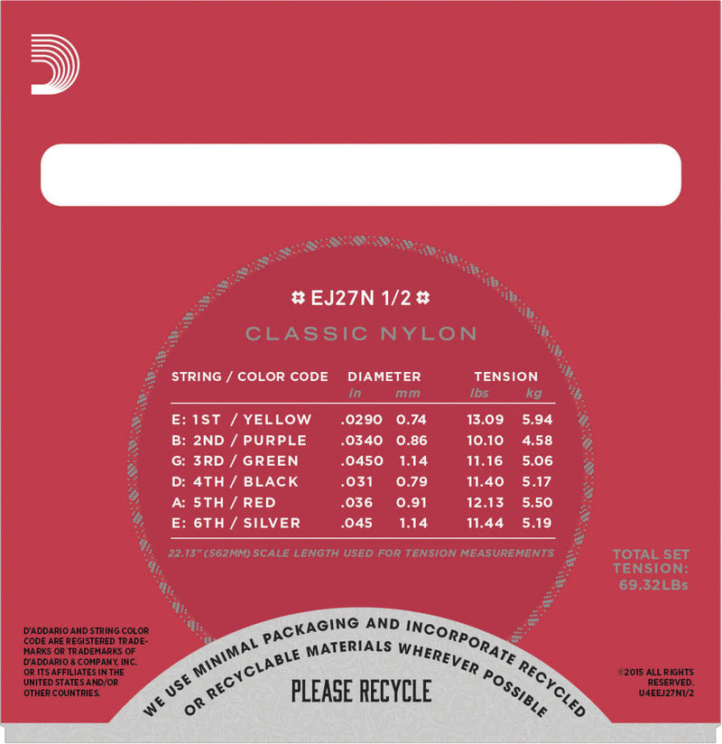 D'Addario EJ27N 1/2 Student Nylon Fractional Classical Guitar Strings Normal Tension