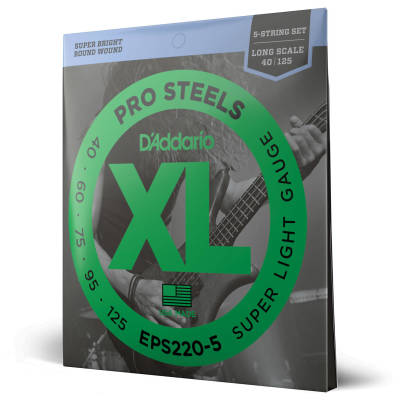 D'Addario EPS220-5 5-String ProSteels Bass Guitar Strings Super Light 40-125 Long Scale Standard