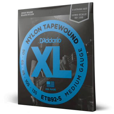 D'Addario ETB92-5 XL Nylon Tapewound Bass Guitar Strings Medium 5-String Long Scale 50-135
