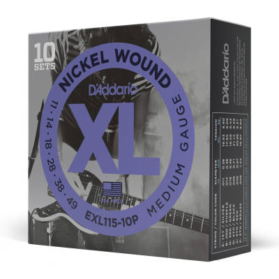D'Addario EXL115-10P Nickel Wound Electric Guitar String Sets 10-Pack - Jazz/Rock 11-49