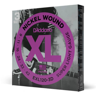 D'Addario EXL120-3D Lot de 3 plaies en nickel SUPER LÉGER 09-42