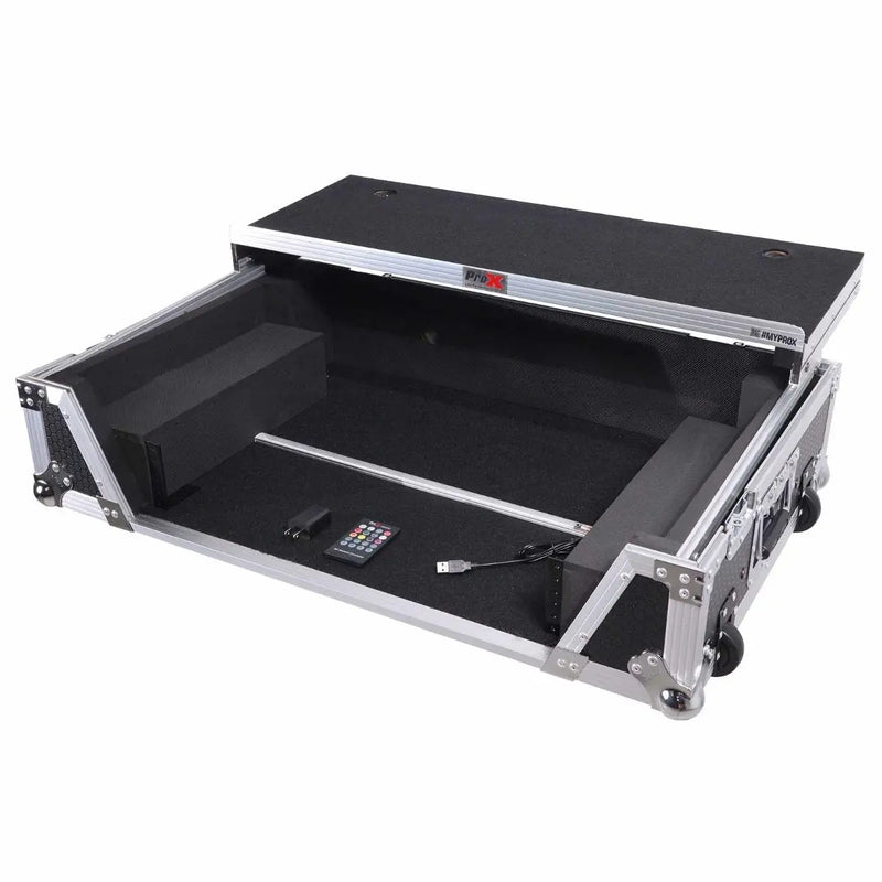 ProX XS-REV71K2U WLTLED Flight Case pour Pioneer DDJ-REV7 & DDJ-1000/SRT avec espace rack 2U/étagère pour ordinateur portable/roues