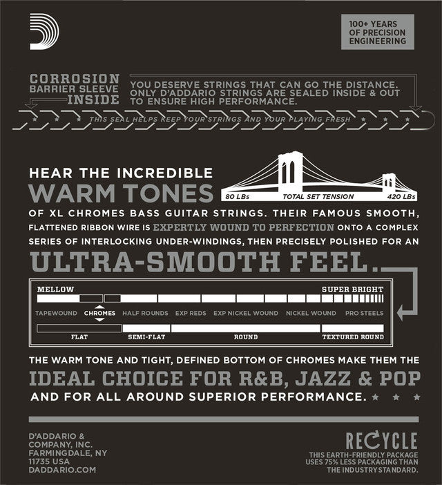 D'Addario ECB80SL Super Long Scale Chromes Flat Wound Electric Bass Strings Super Light 40-95