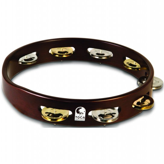 Toca T1010D Tambourin en bois d'acacia 10" - Rangée simple avec jingles en laiton et nickel - Finition mate en bois foncé
