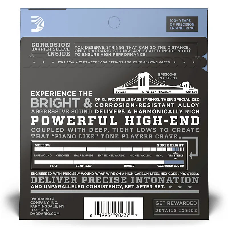 D'Addario EPS300-5 ProSteels 5-String Long Scale Custom Light Bass Guitar Strings 43-127