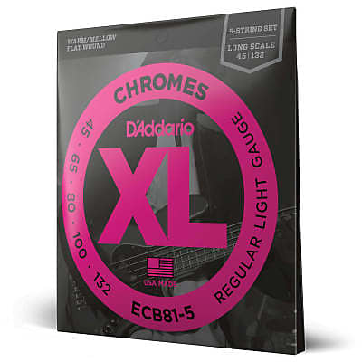 D'Addario ECB81-5 Long Scale Chromes Flat Wound 5-String Electric Bass Strings Regular Light 45-132